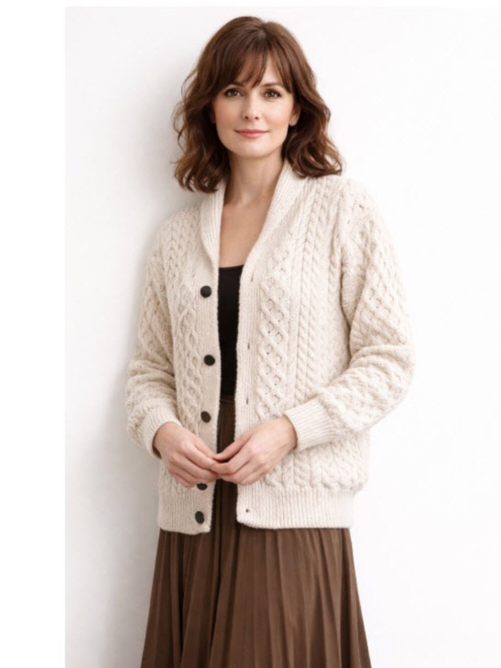 Irelands Eye Ivory Cable Knit Wool Cardigan Shawl Collar Fisherman size small